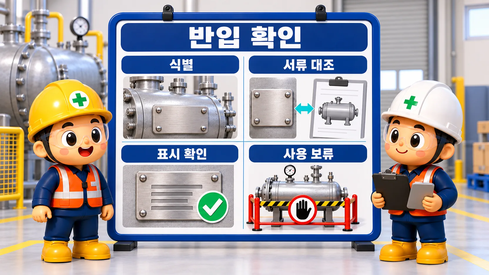 압력용기등 반입검수: 식별, 서류 대조, 표시 확인을 거쳐 불일치 설비의 사용을 보류합니다.