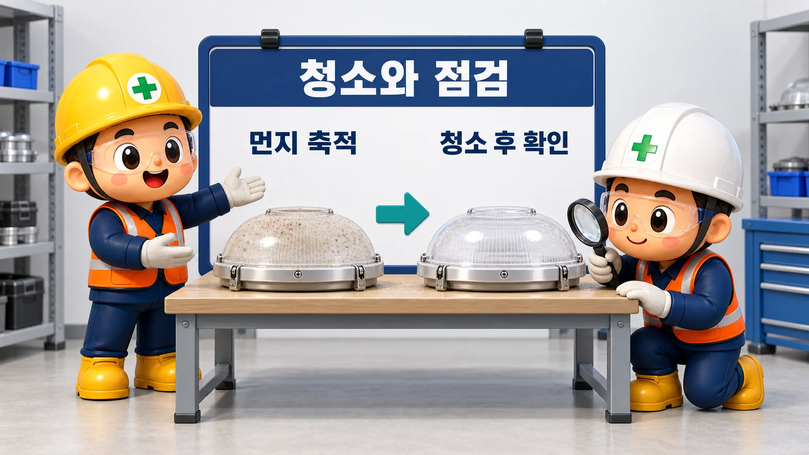 분리된 조명기구의 먼지 축적과 청소 후 커버 확인을 비교한 클레이 장면