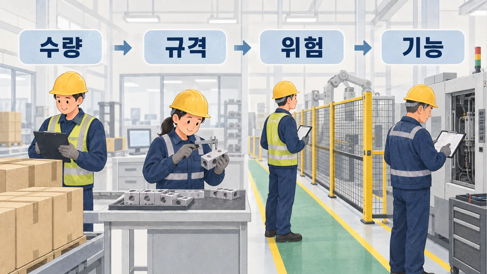 수량 규격 위험 기능을 각기 확인하는 네 담당자의 작업 관점