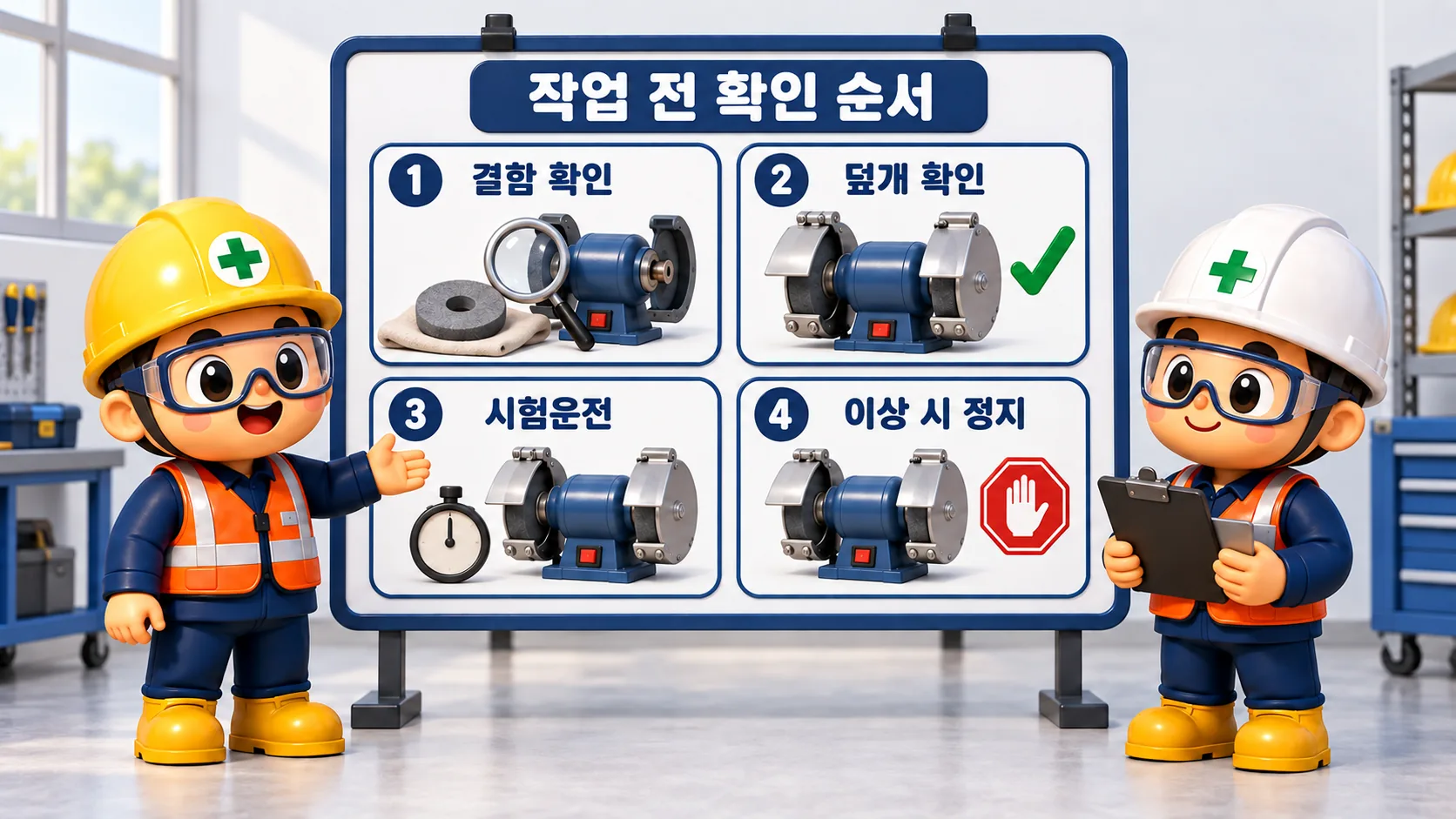 연삭숫돌의 결함과 덮개를 확인하고 시험운전 중 이상이 있으면 정지하는 순서