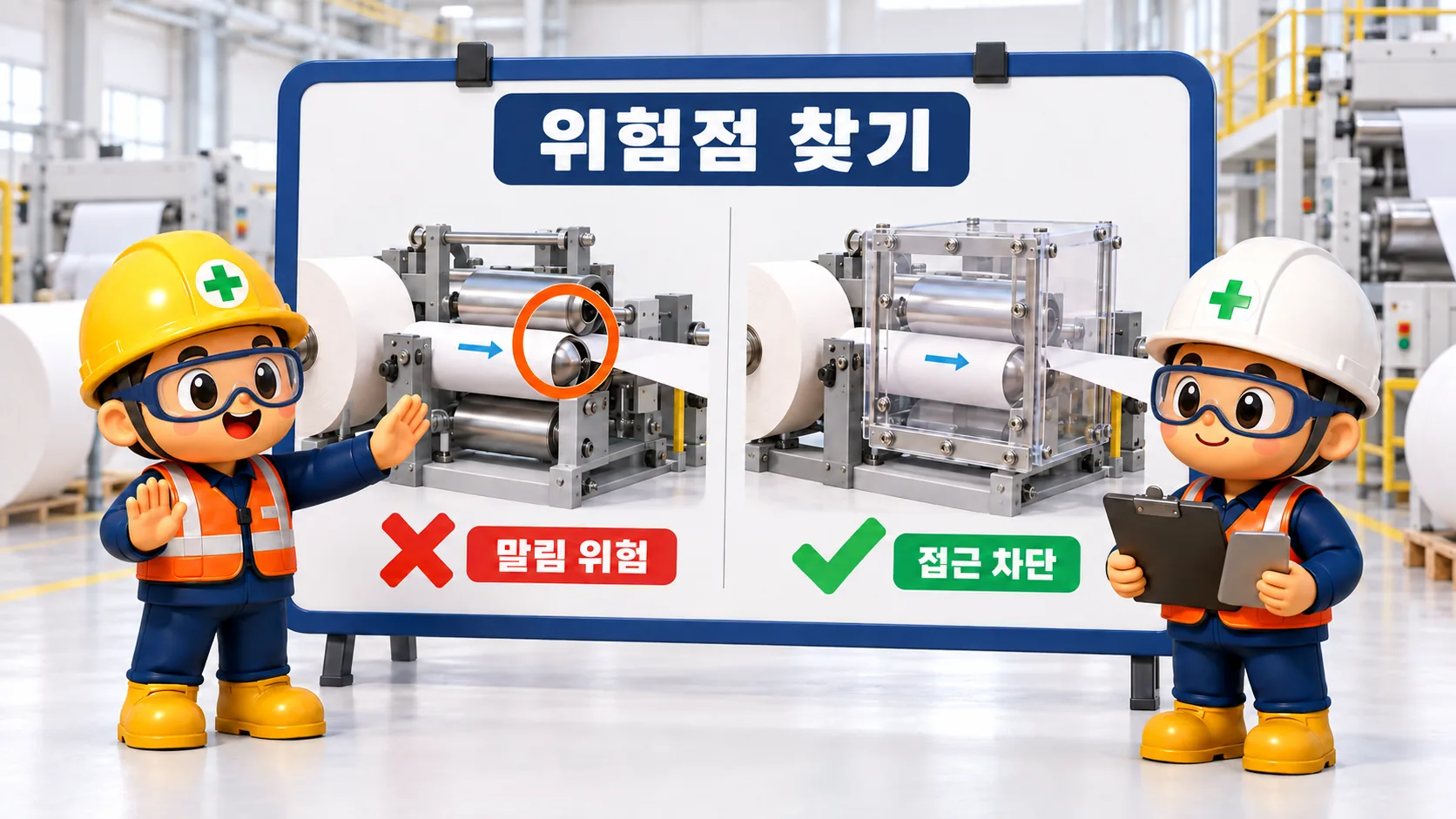 롤러기 위험점 찾기: 노출된 인입점과 방호된 인입점을 비교합니다.