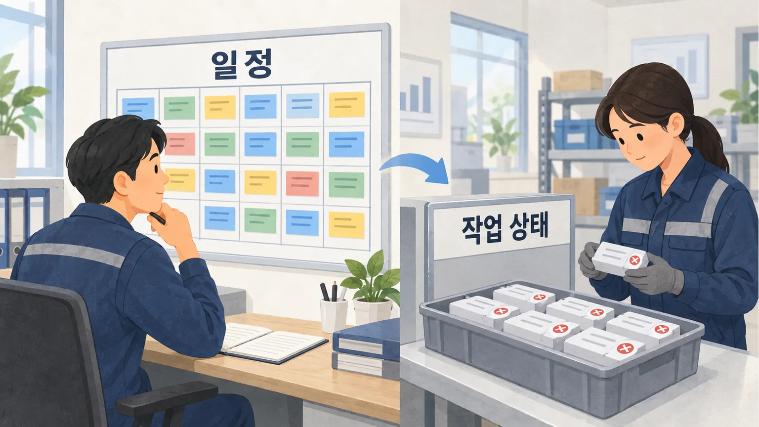 일정표의 완료 표시와 검사 대기 중인 실제 작업 상태를 비교하는 담당자