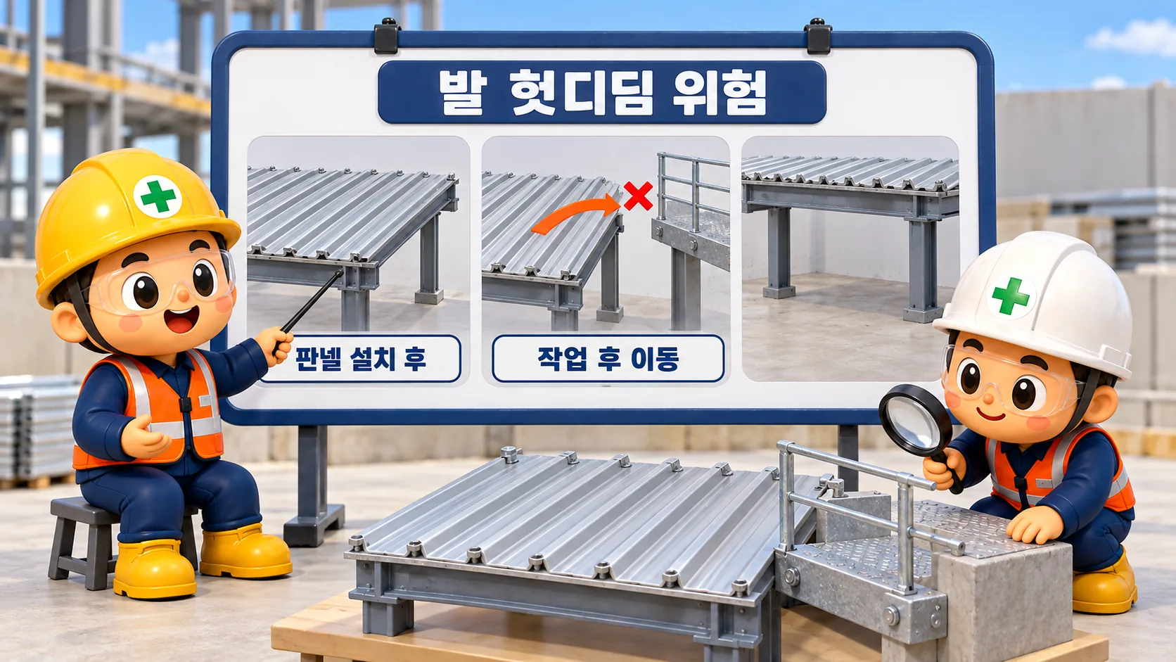 판넬 설치 후 이동 과정의 발 헛디딤 위험을 보여주는 비피해 교육 모형