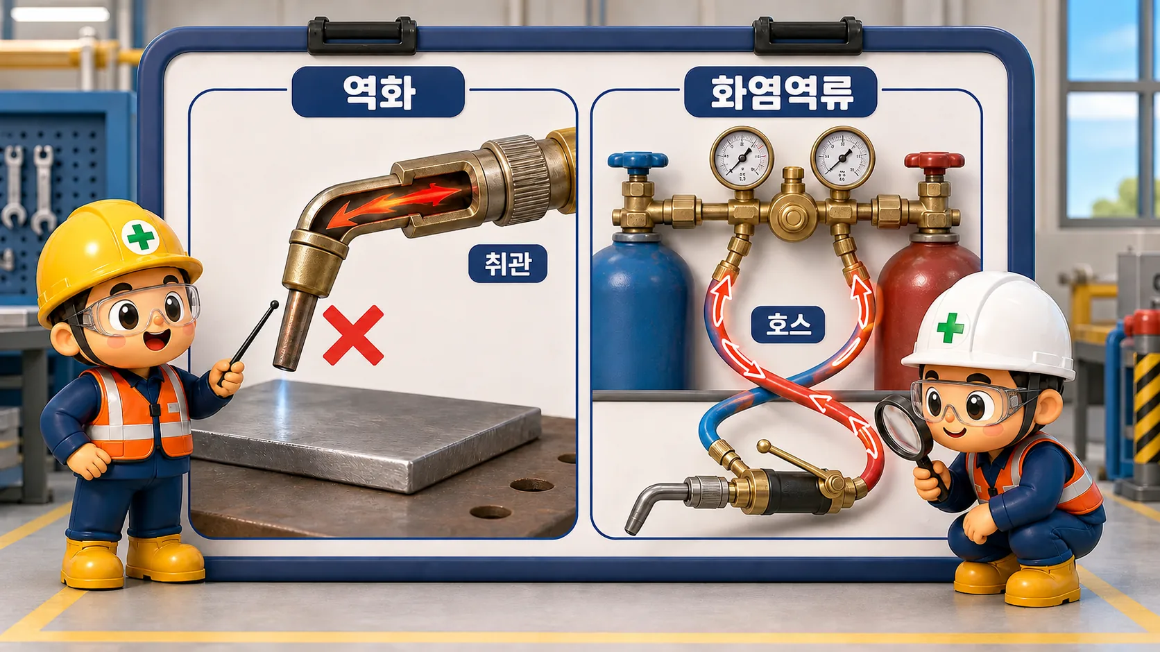 역화는 취관 안쪽에서, 화염역류는 호스와 조정기 방향으로 진행하는 차이를 비교한 장면
