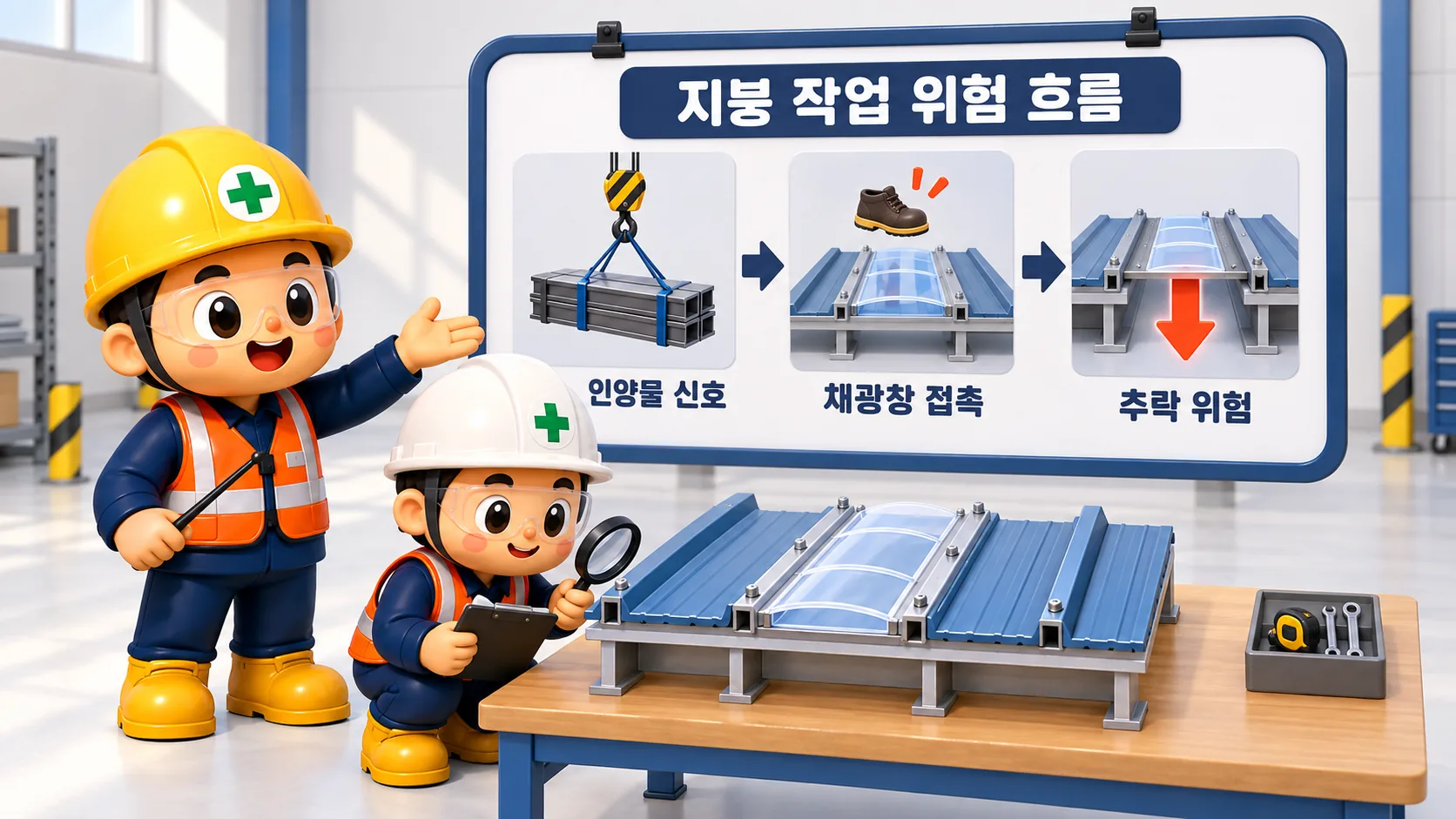 지붕 위 인양물 신호작업과 채광창 접촉에 따른 추락 위험 흐름 교육 모형