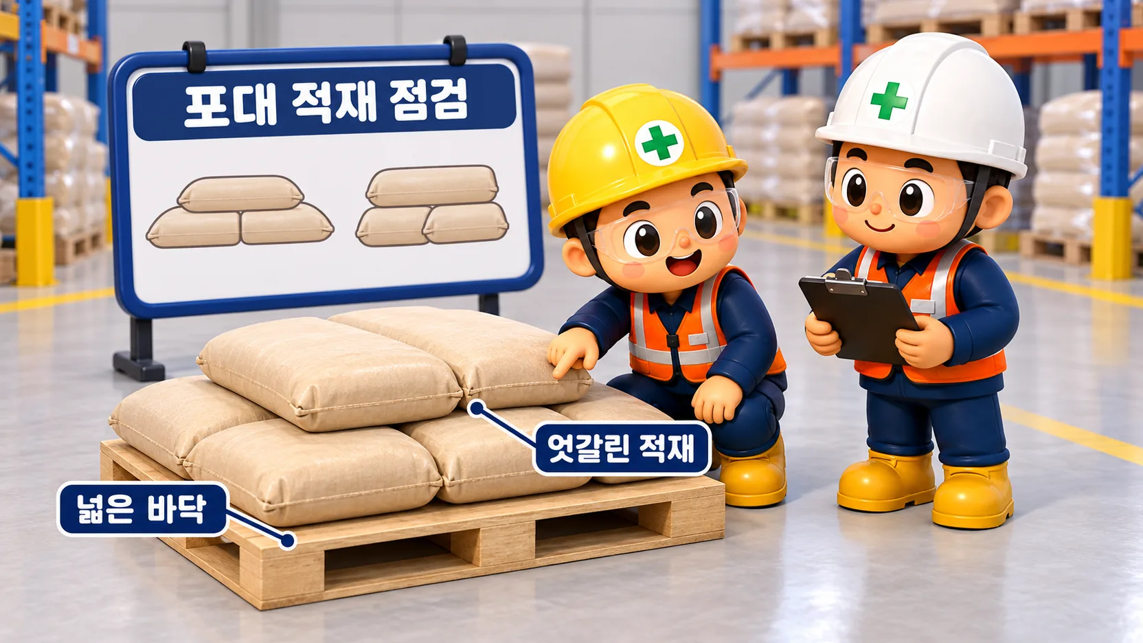 넓은 받침과 엇갈린 포대 적재 상태를 점검하는 현장