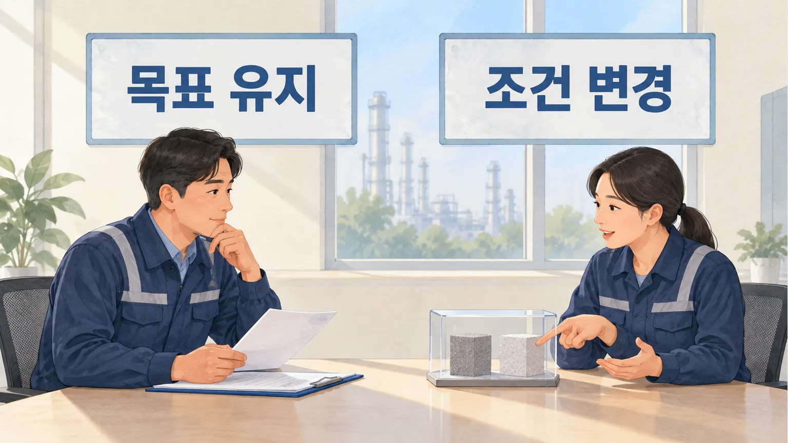 같은 목표를 유지하는 생산 담당자와 변경된 자재 조건을 확인하는 품질 담당자