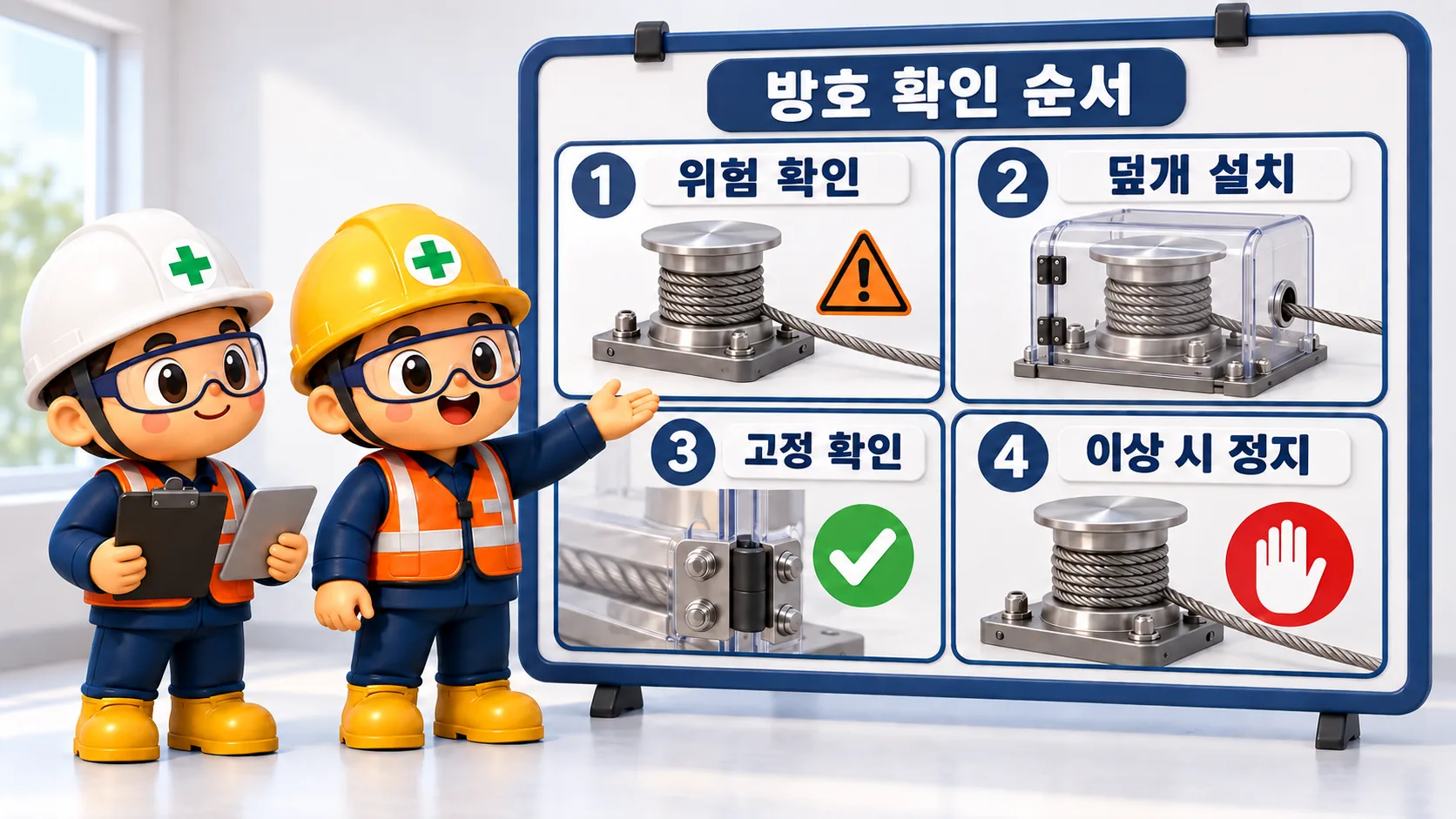 신선기 위험 확인부터 덮개 설치와 이상 시 정지까지 이어지는 방호 확인 순서