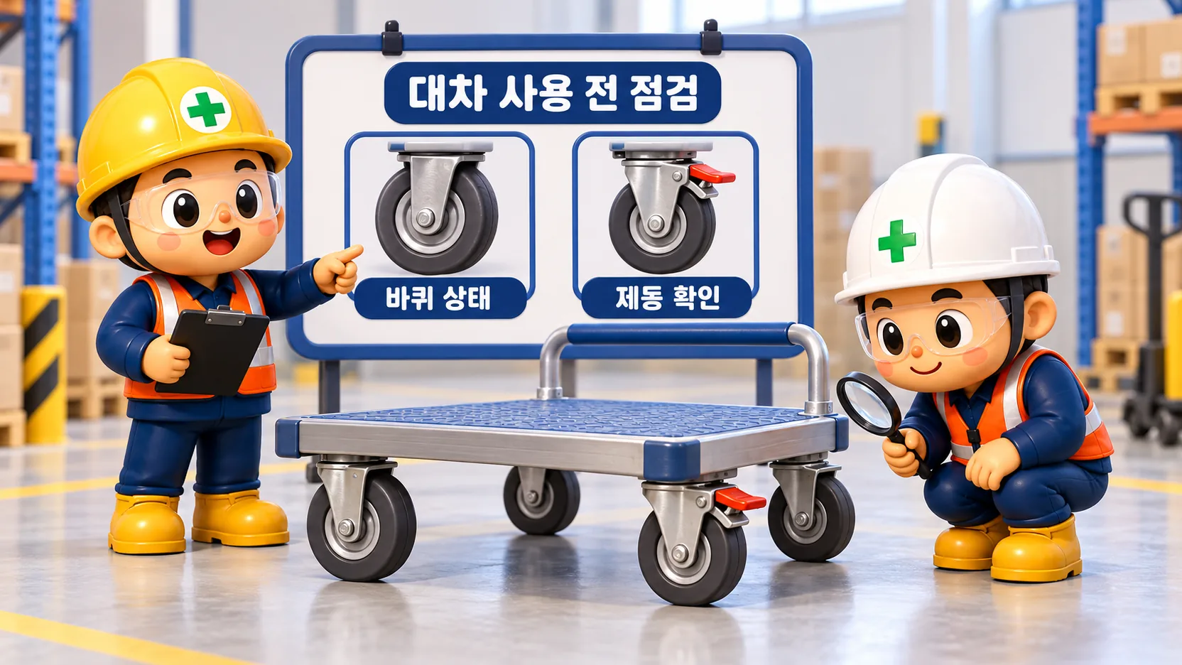 대차의 바퀴 상태와 제동장치를 사용 전 확인하는 클레이 점검자