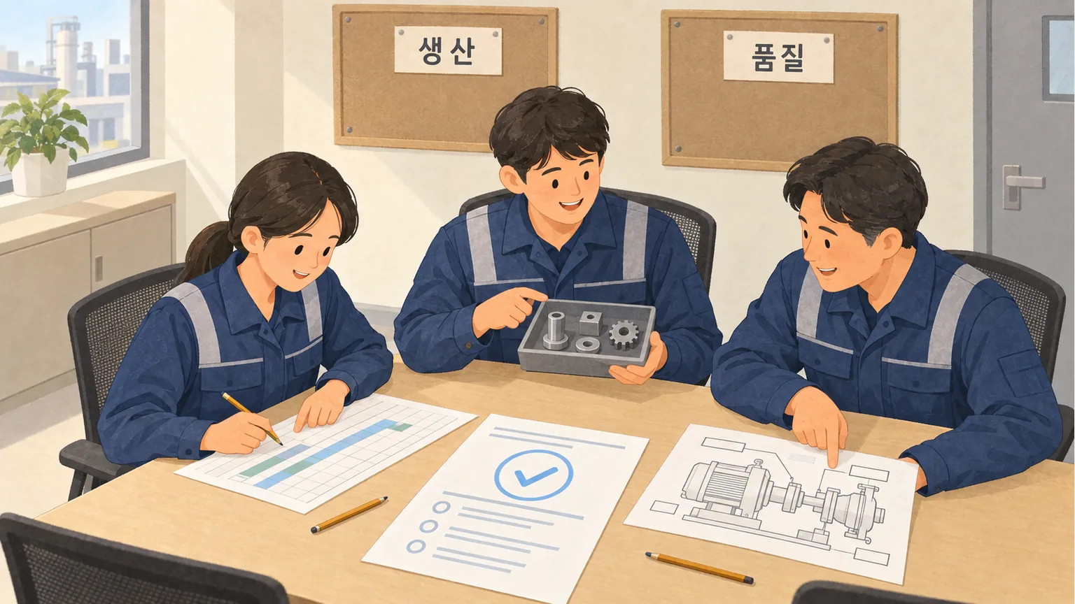 같은 개선안을 생산 일정과 품질 확인 자료로 비교하는 부서 담당자들