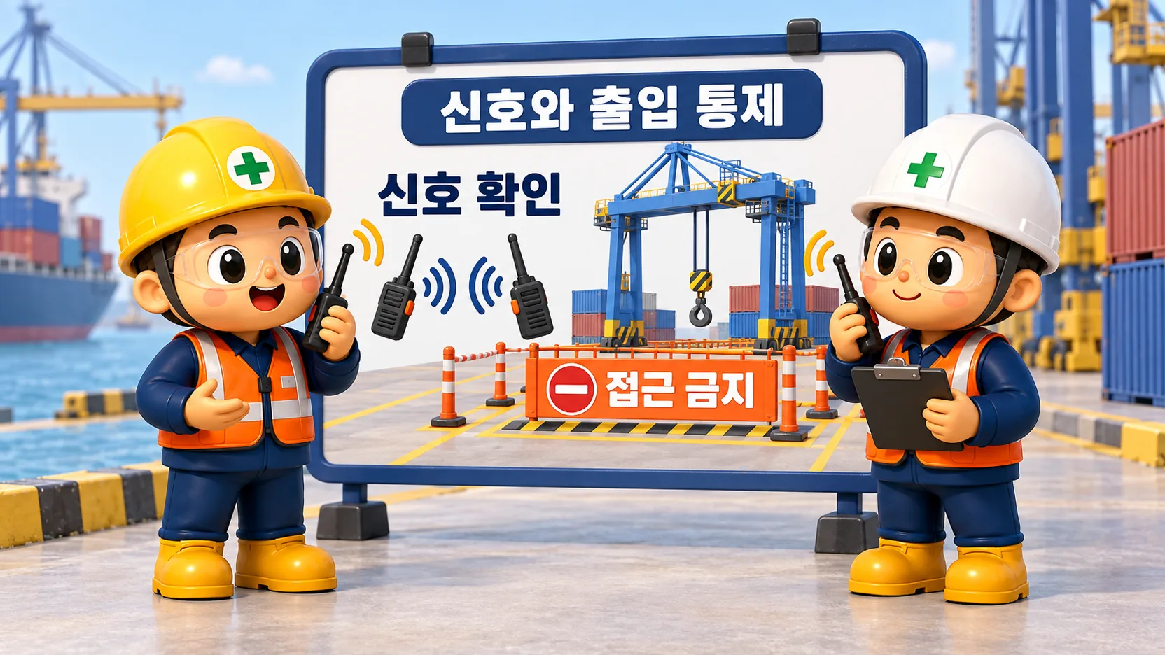 신호수와 운전자의 무선 연락 및 하역 작업구역 접근 통제 개념도