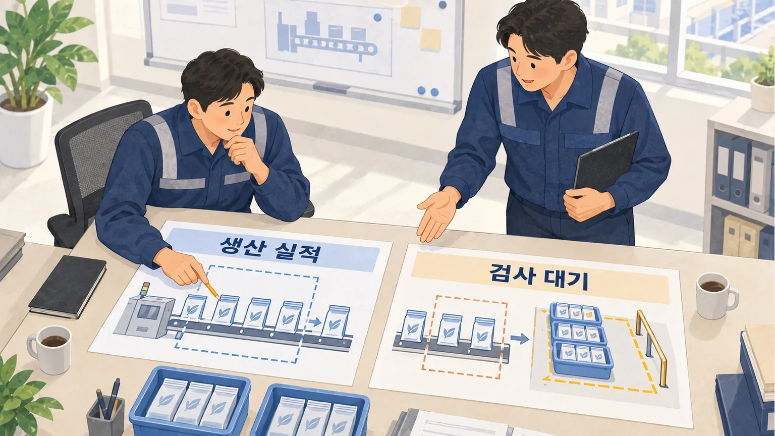 같은 포장 작업의 생산 실적과 검사 대기를 서로 다른 자료로 비교하는 담당자