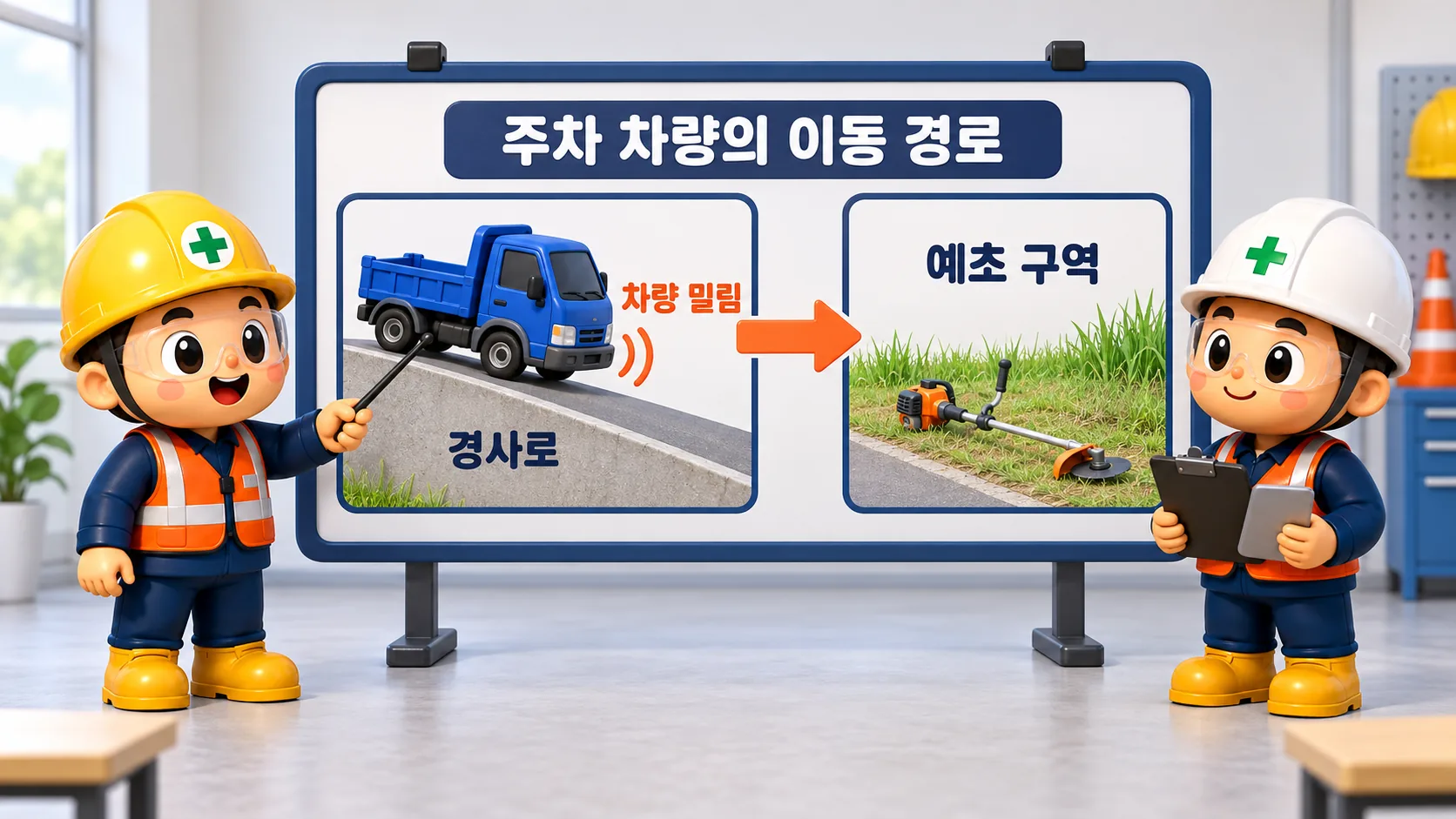 주차차량과 도로변 예초작업 구역이 겹치는 위험 경로 교육 그림