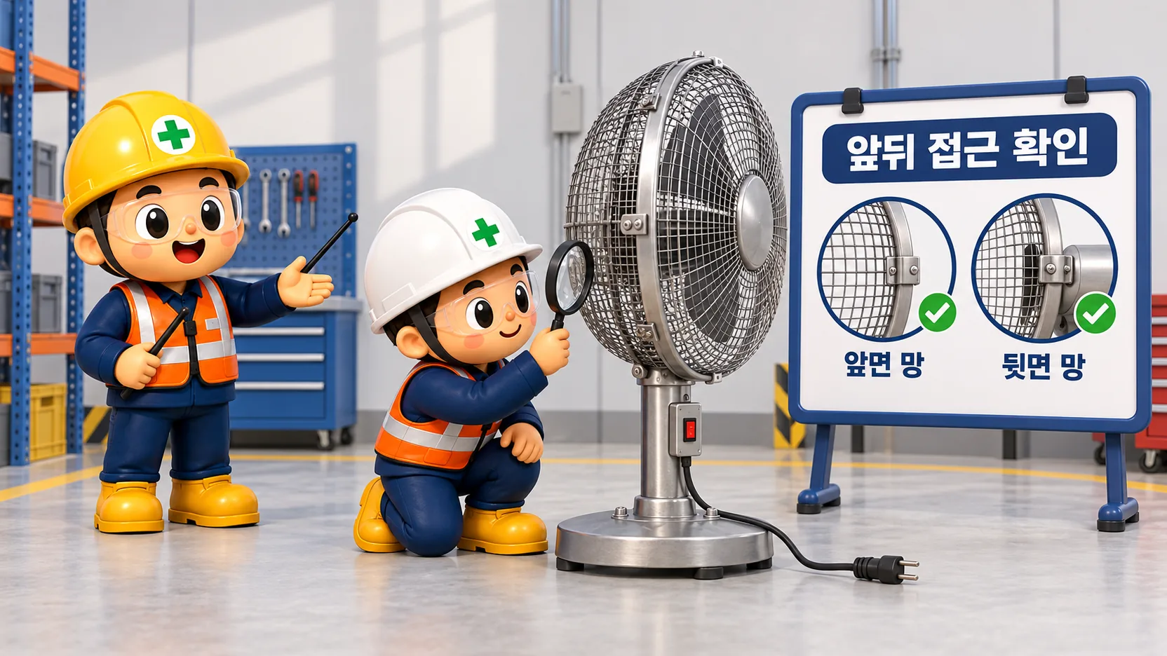 선풍기의 앞면과 뒷면 방호망 및 주변 접근경로를 확인하는 점검 장면