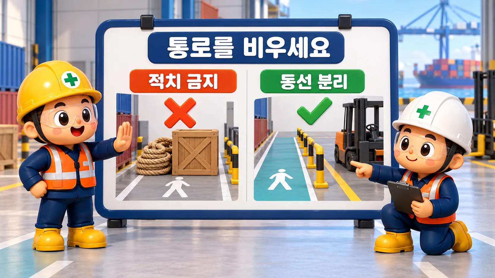 적치물을 제거하고 차량과 보행자의 동선을 분리하는 부두 통로 교육 장면