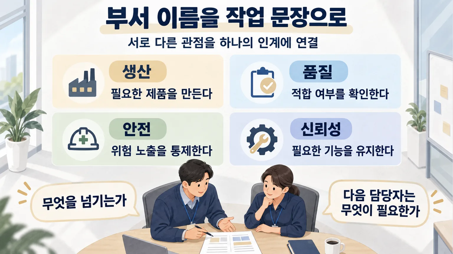 생산 품질 안전 신뢰성을 실제로 수행하는 작업 문장과 인수 질문으로 바꾼 설명