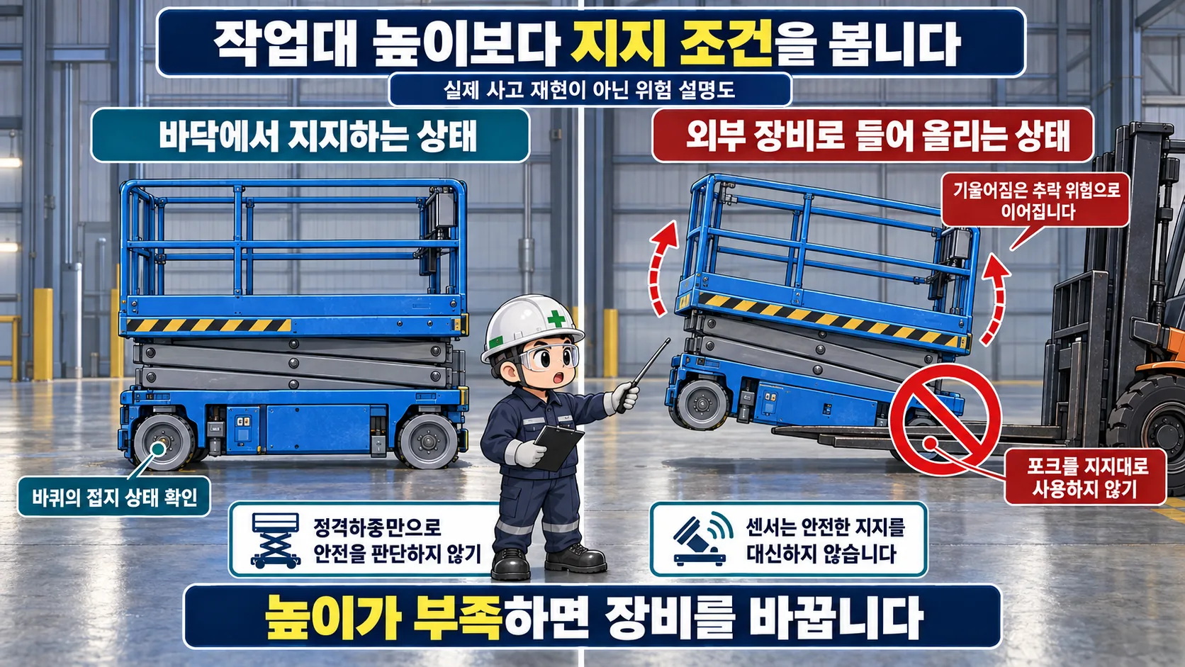 지게차로 고소작업대를 지지할 때 하중 전달과 안정 조건이 달라질 수 있음을 설명하는 교육용 개념도