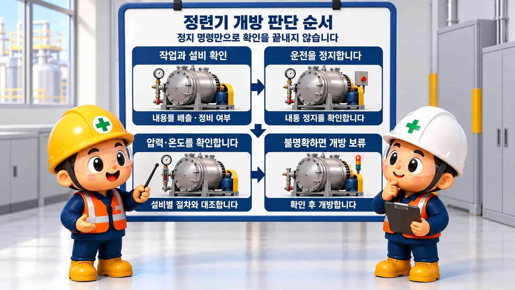 정련기 개방 판단 순서: 작업을 구분하고 운전을 정지한 뒤 내통 정지와 내부 압력·온도를 확인합니다.