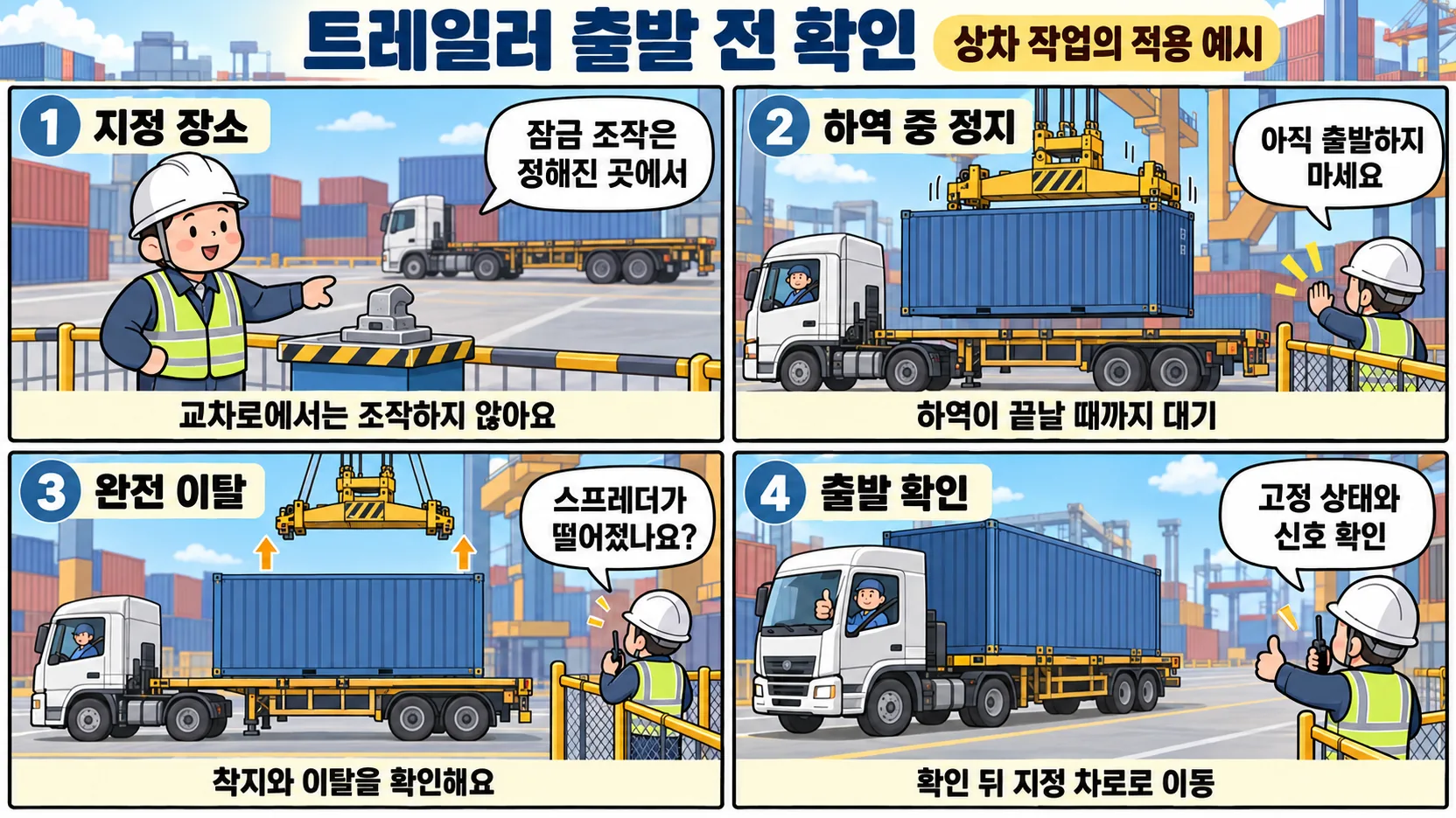 상차 중 트레일러 정지와 스프레더 완전 이탈 후 출발 확인 4컷