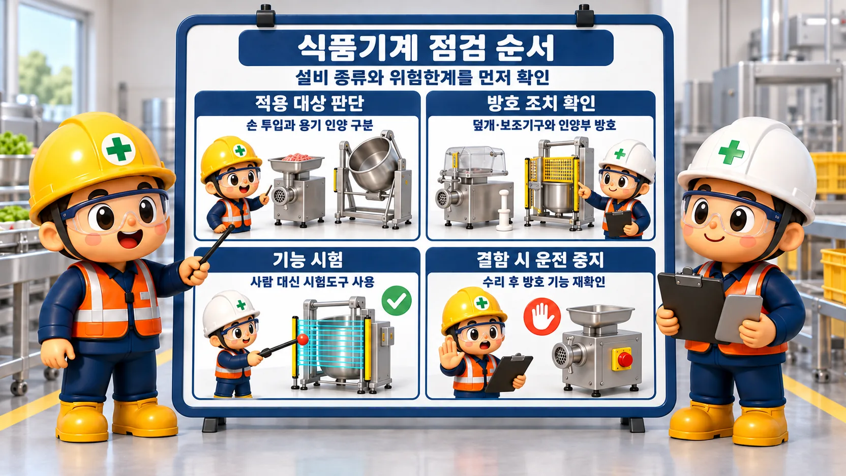 식품기계의 적용 대상 판단부터 방호 조치 확인, 기능 시험, 결함 시 운전 중지까지 이어지는 점검 순서