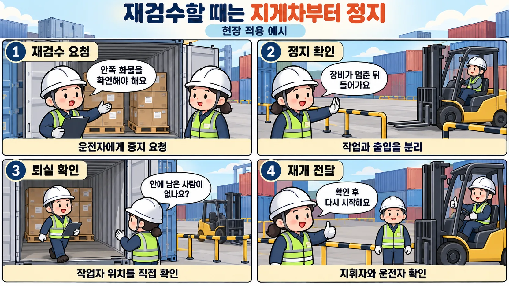 컨테이너 재검수 요청 후 지게차 정지와 작업자 퇴실을 확인하는 4컷 만화