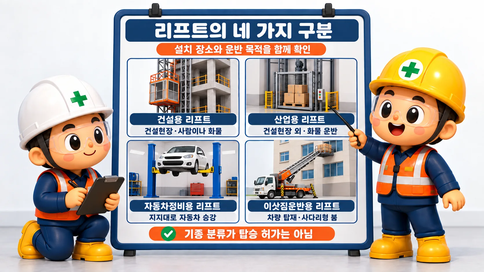 양중기 리프트 네 종류는 설치 장소와 운반 목적, 지지 구조가 다릅니다. 그림은 기종 설명용이며 탑승 허용 판정이 아닙니다.