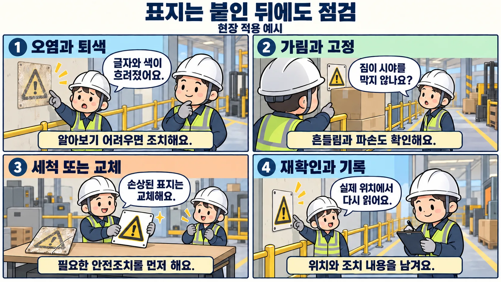 안전표지의 오염 퇴색 가림 고정 상태를 점검하고 교체 후 기록하는 4컷 만화