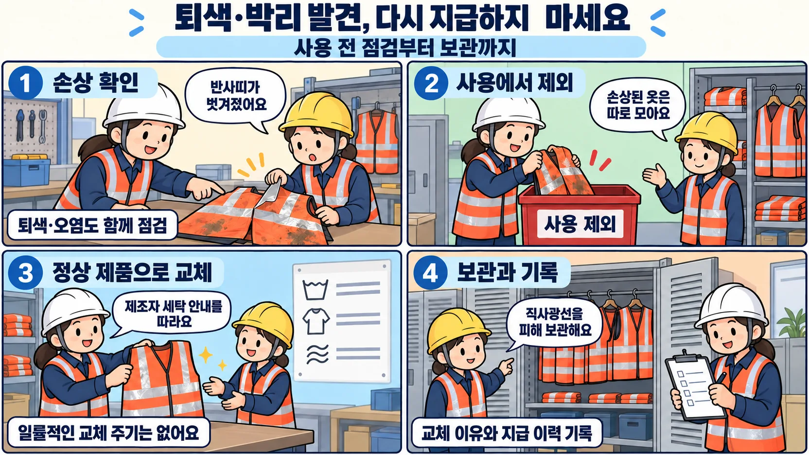 고시인성 의복의 퇴색과 박리를 발견하고 사용 제외 후 교체와 보관을 기록하는 4컷 만화