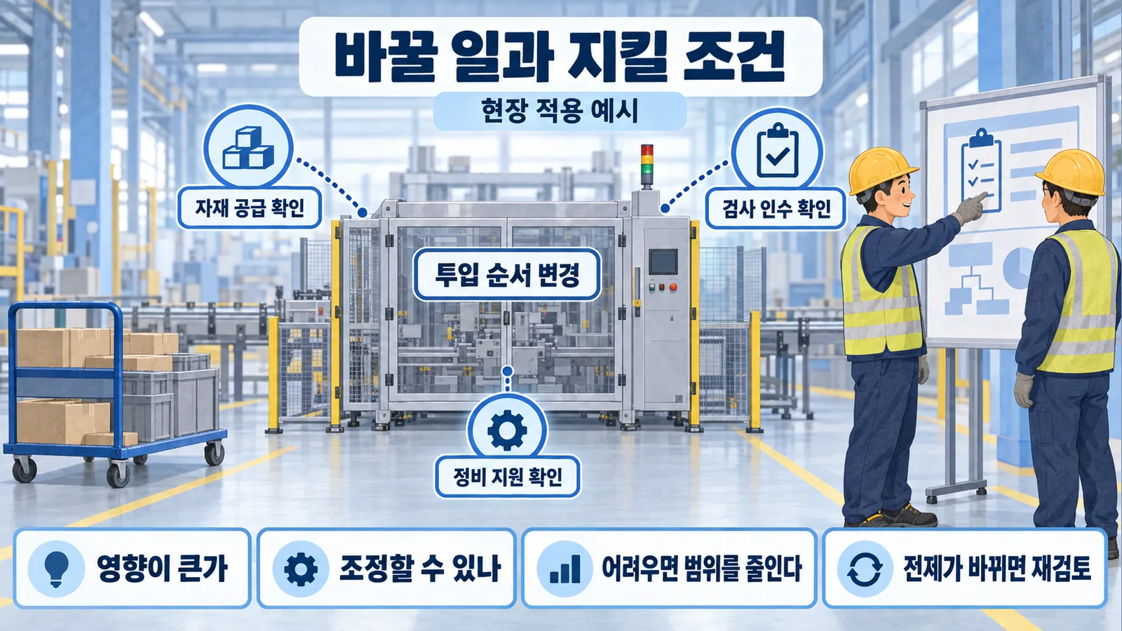 투입 순서를 바꾸기 전에 자재 공급 검사 인수 정비 지원을 확인하는 관리 장면