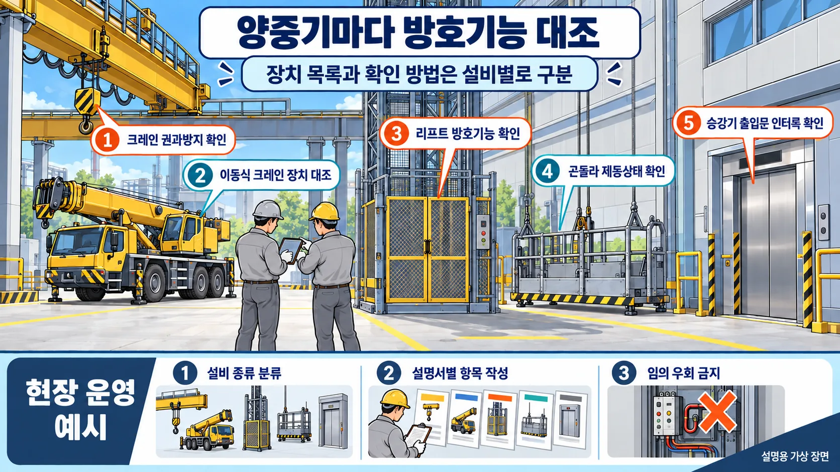 제134조 제1항의 양중기 종류를 구분하고 설비별 방호기능을 확인합니다. 하단 카드는 사업장 운영 예시입니다.