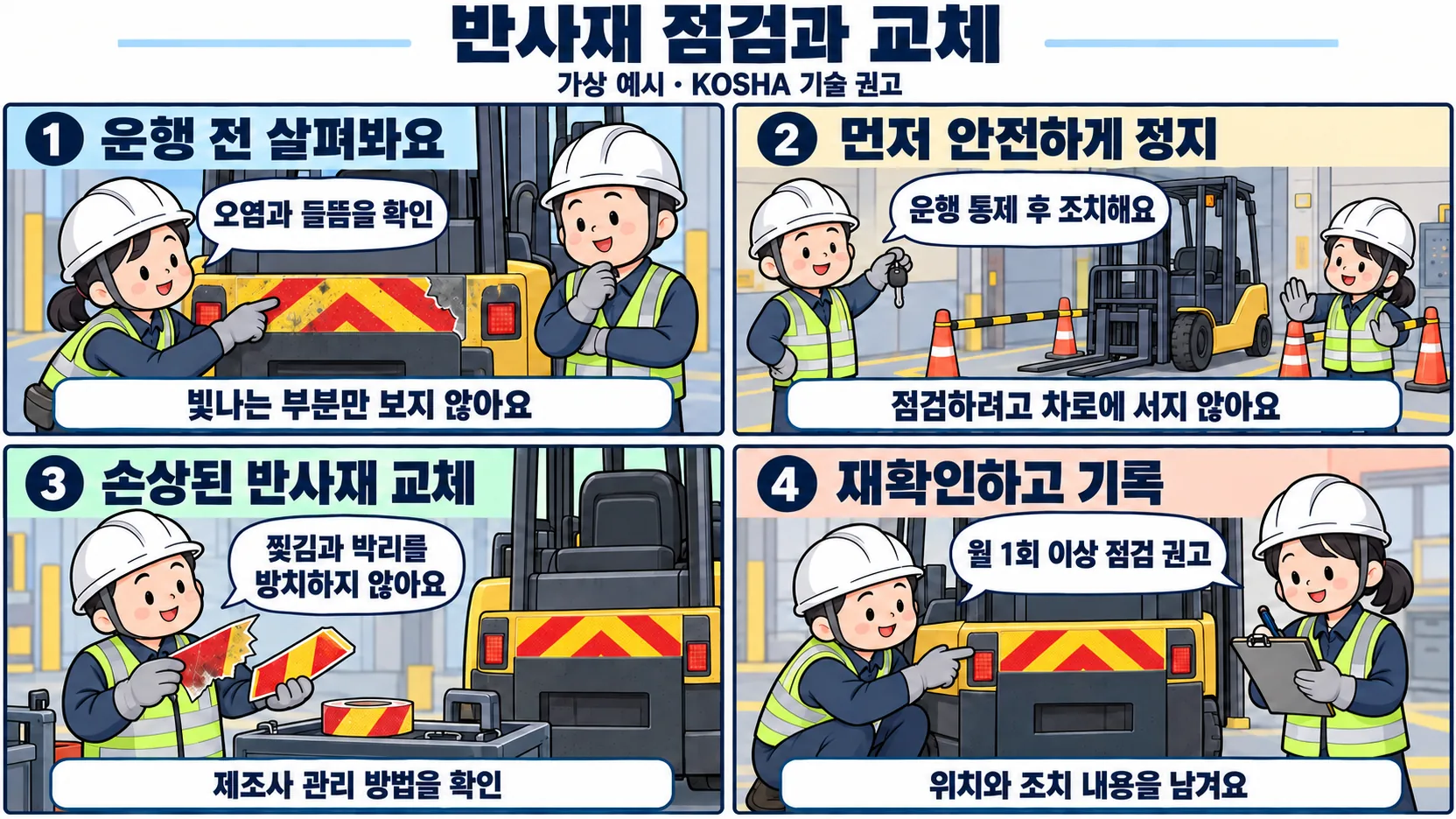 운행 전 반사재 오염과 박리를 발견하고 정지·교체·재확인하는 4컷 점검 절차