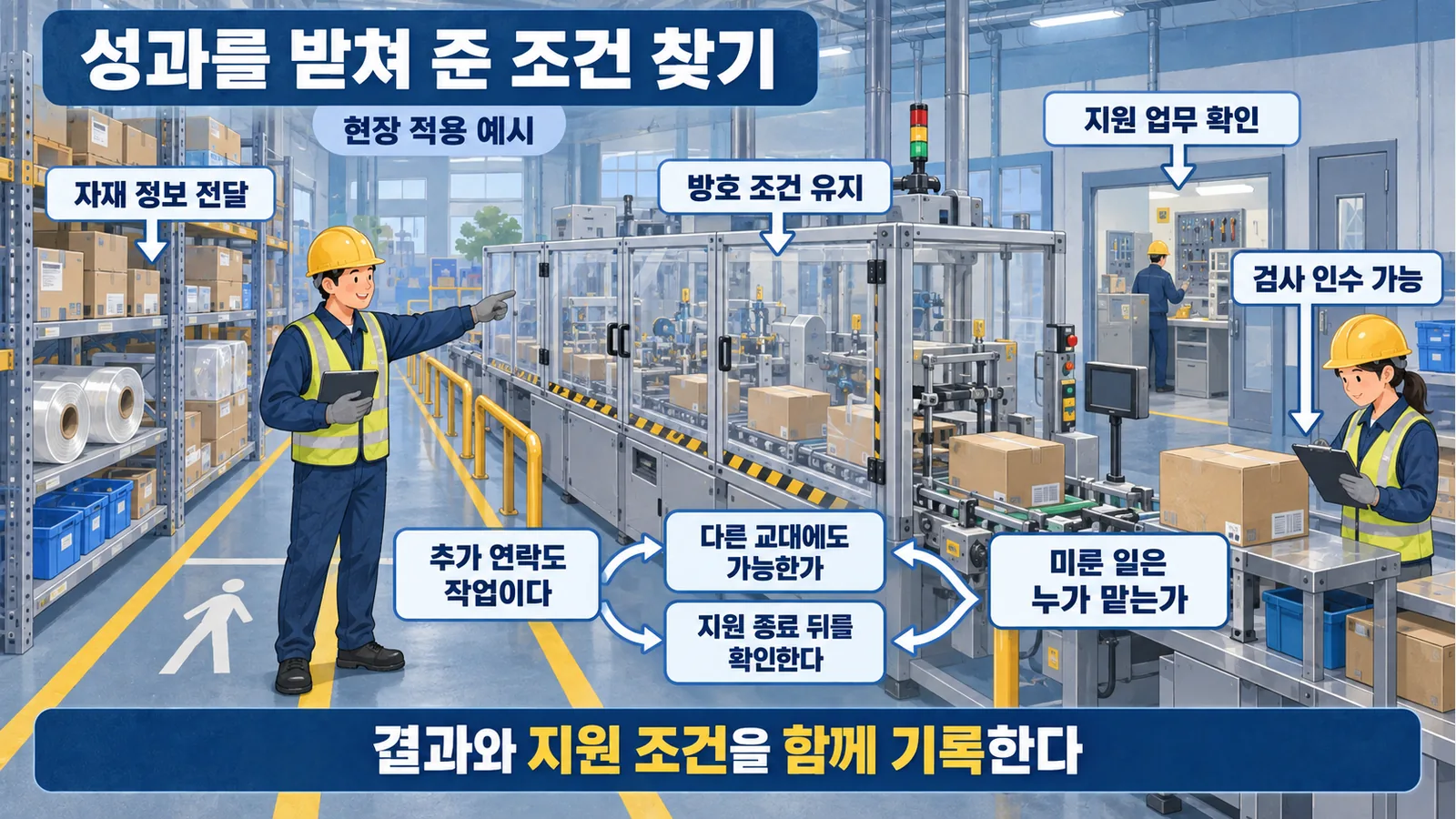 자재 정보와 검사 인수, 방호 유지, 정비 지원을 연결해 숨은 작업을 찾는 포장 공정 예시