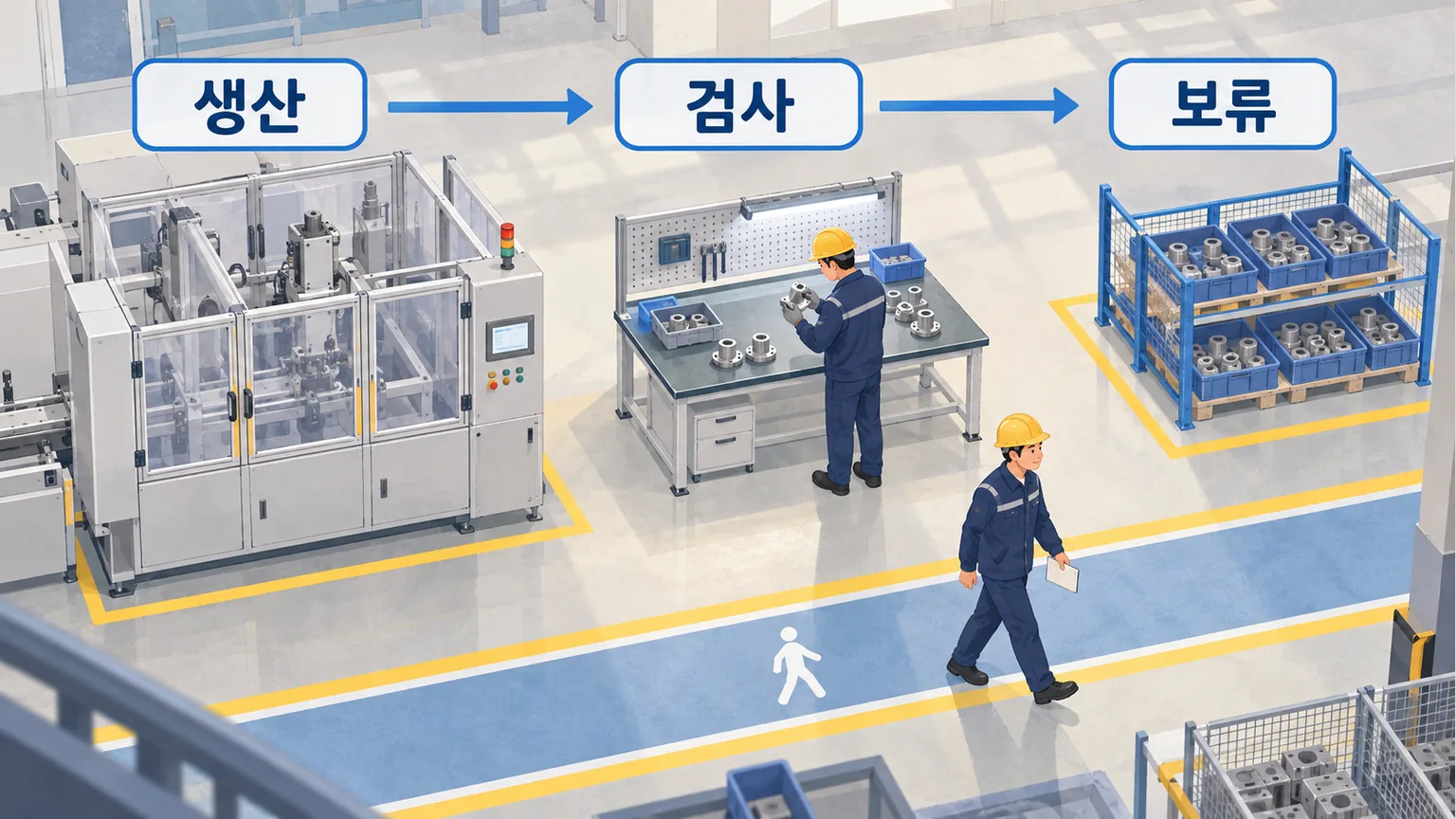 생산에서 검사와 보류 구역으로 이어지는 작업 흐름과 담당자