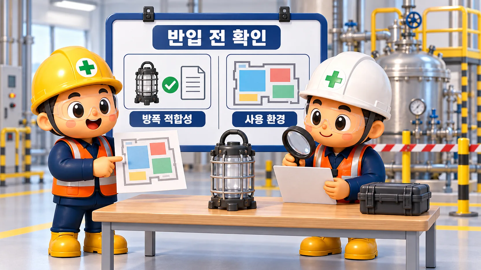 이동식 작업등의 방폭 적합성과 사용 환경 자료를 반입 전에 대조하는 장면