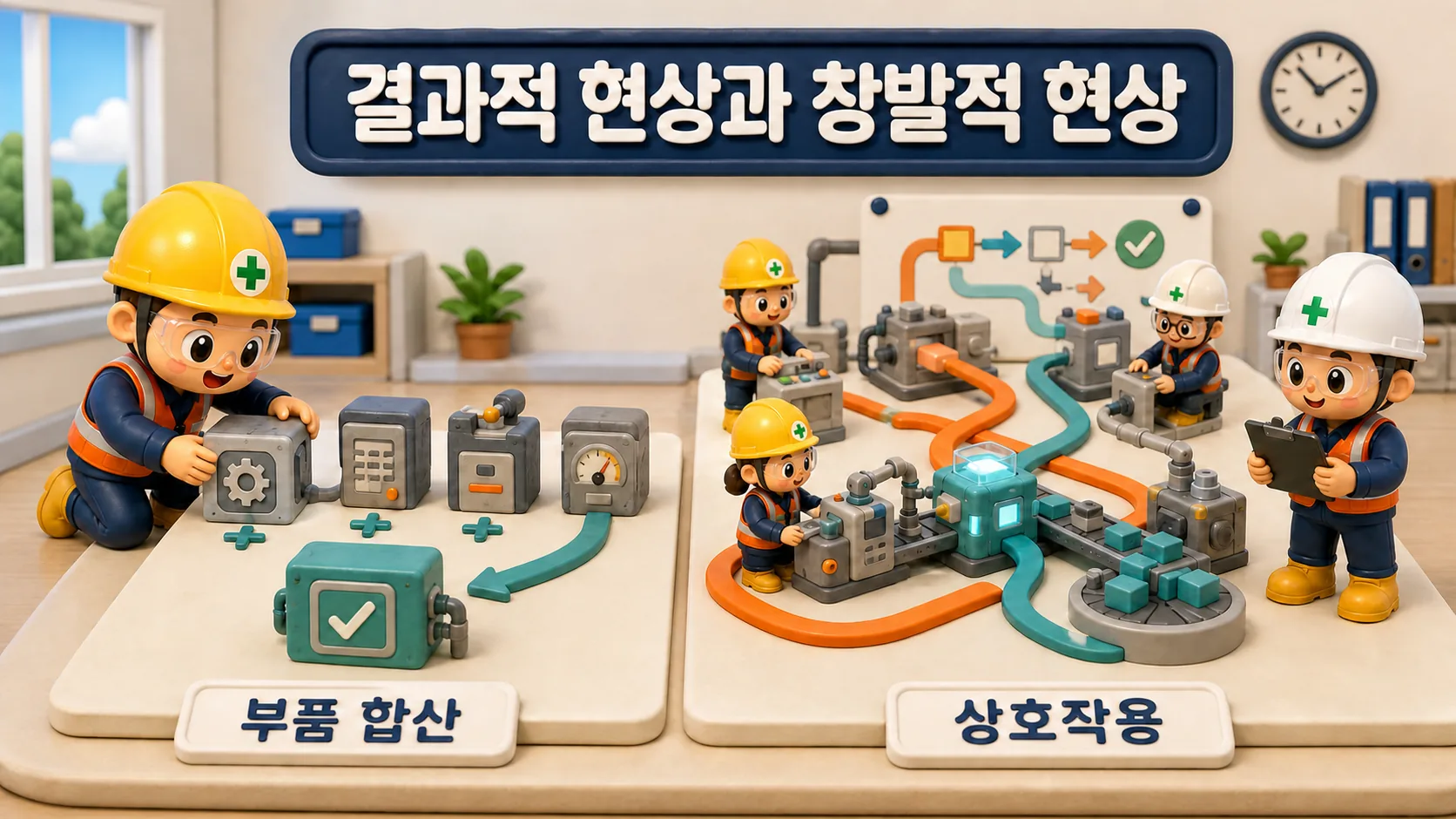 결과적 현상과 창발적 현상을 부품 합산과 현장 상호작용으로 비교한 교육 장면