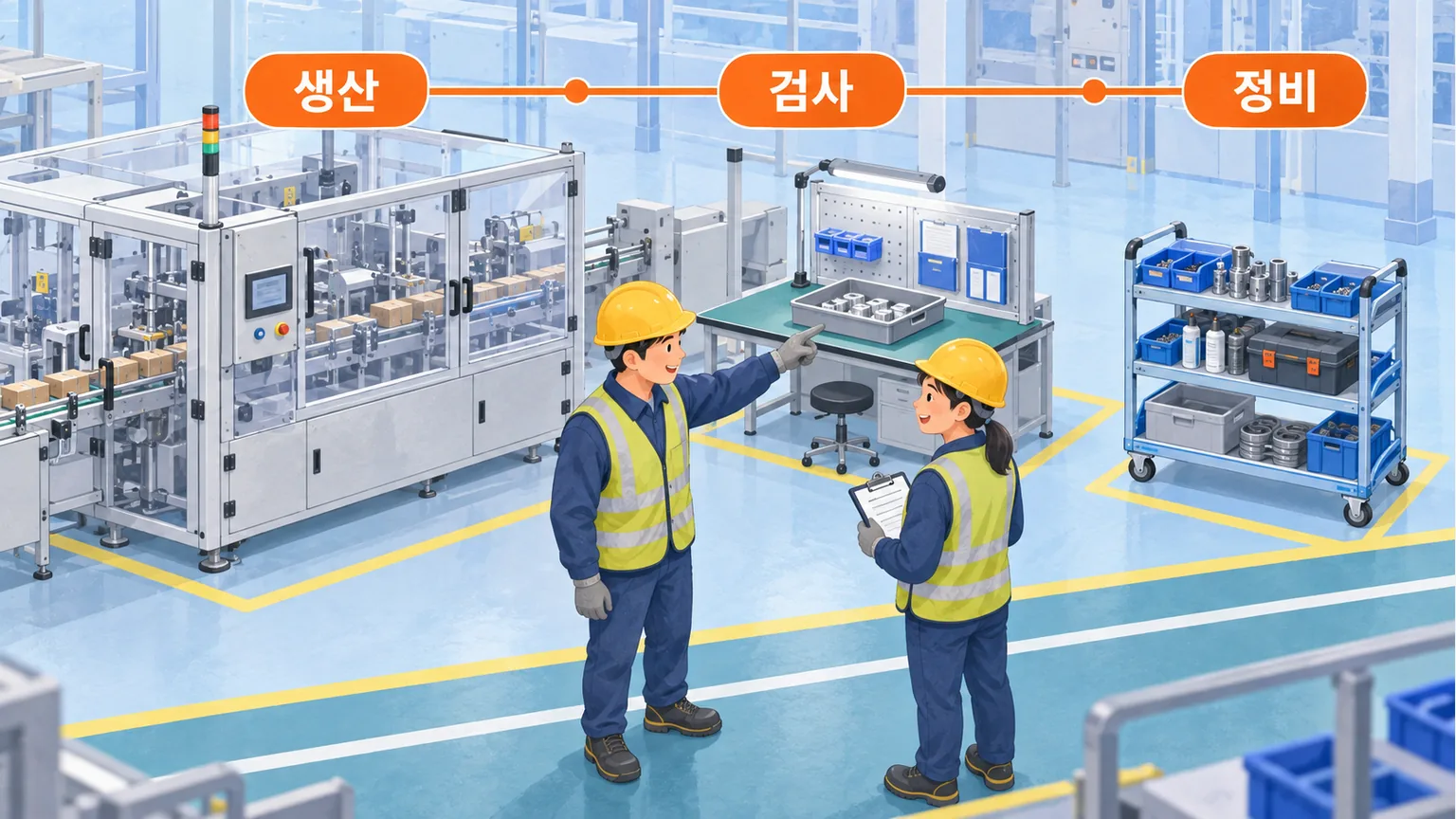 생산 조건의 변경이 검사와 정비 작업으로 이어지는 흐름을 확인하는 작업자