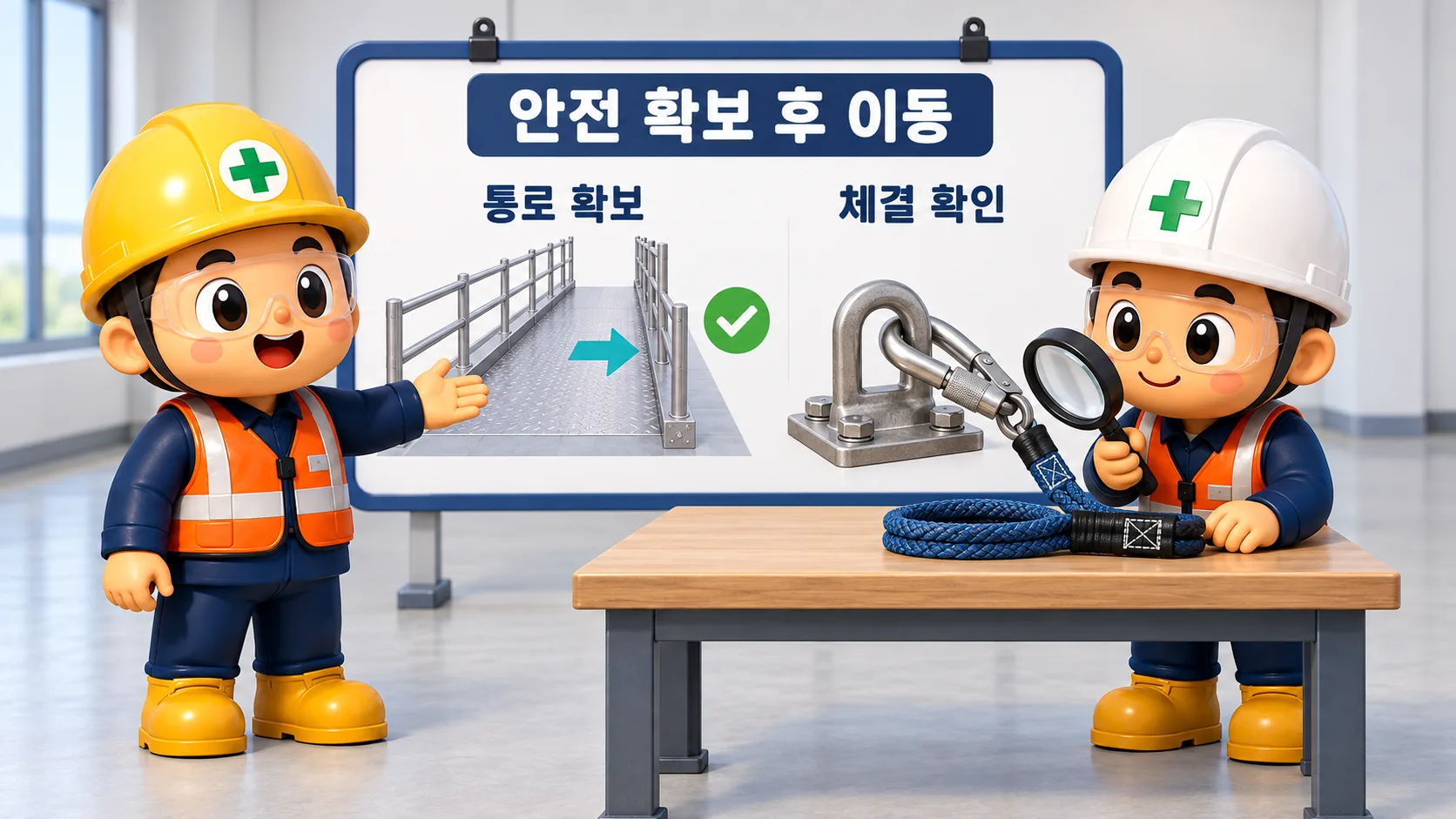 안전한 통로와 전용 부착설비의 체결 상태를 지상에서 확인하는 교육 장면