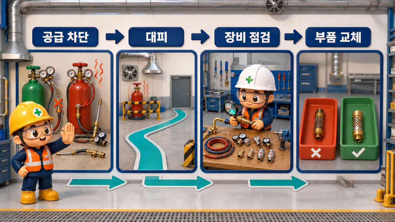 화염역류 뒤 공급 차단과 대피, 취관·호스·조정기·용접 역화방지기 점검과 부품 교체 절차