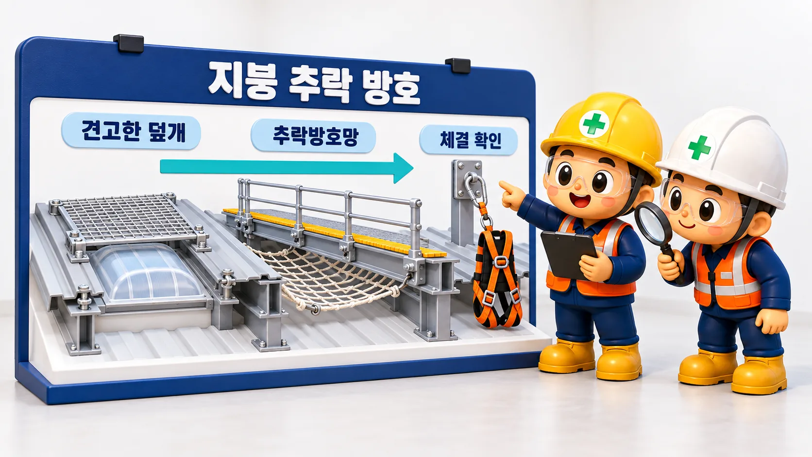 견고한 채광창 덮개 추락방호망과 안전대 체결을 확인하는 지붕 추락 예방 교육 모형
