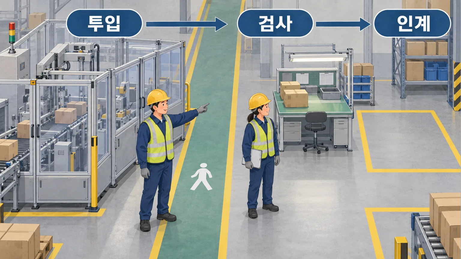 자재 투입부터 검사와 인계까지 연결된 포장 작업 흐름