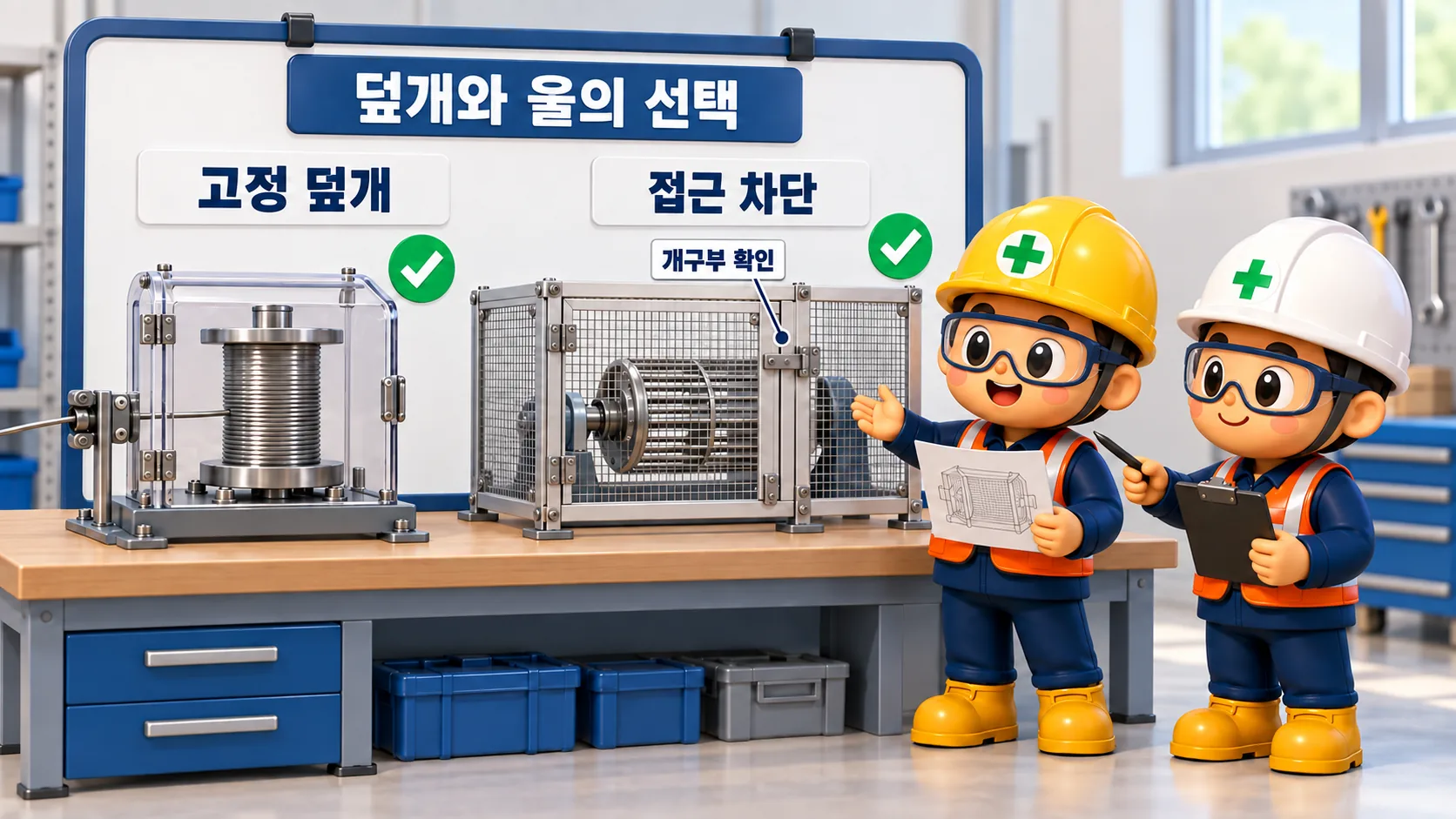 인발블록 고정 덮개와 회전 케이지 주변 울의 접근 차단 방식 비교