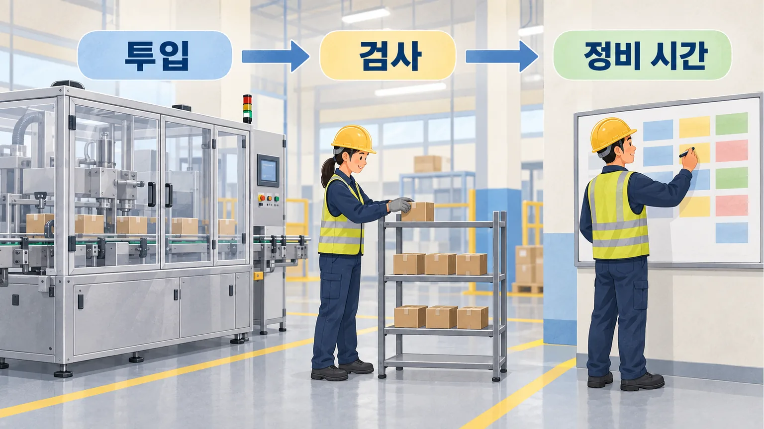 투입과 검사 대기 및 정비 시간을 하나의 작업 연결로 확인하는 포장 현장