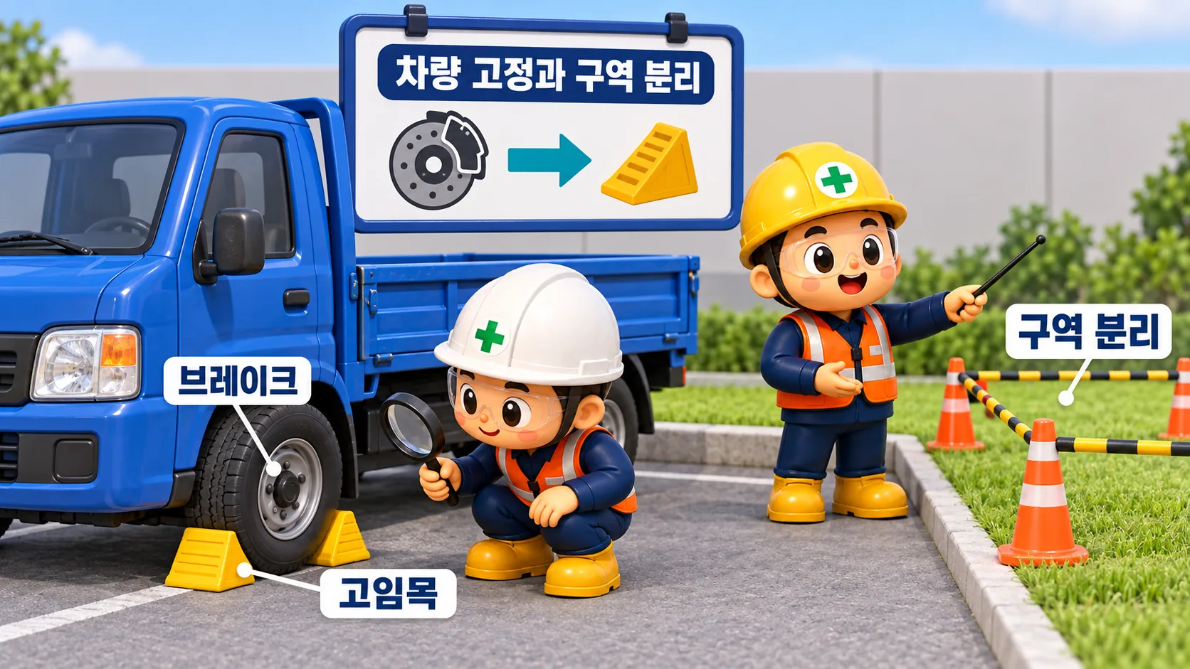 주차차량 이동방지와 작업구역 분리를 설명하는 예방 교육 그림