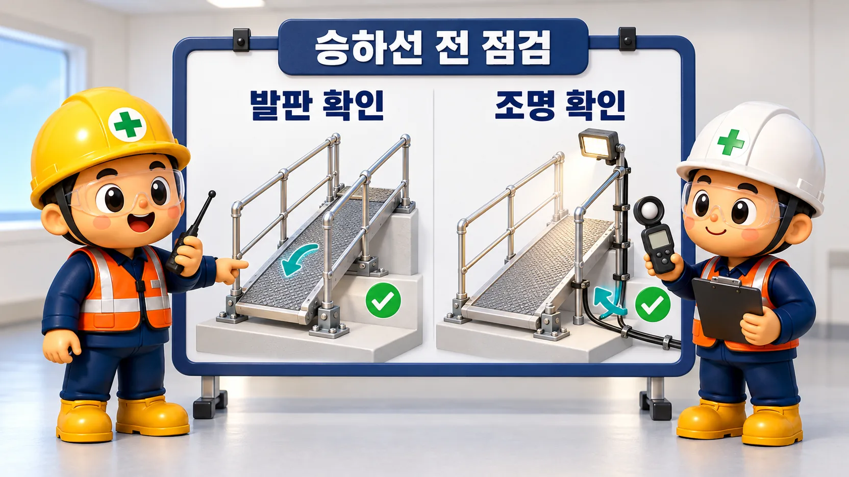 현문사다리의 발판과 조명을 승하선 전에 확인하는 클레이 점검 장면