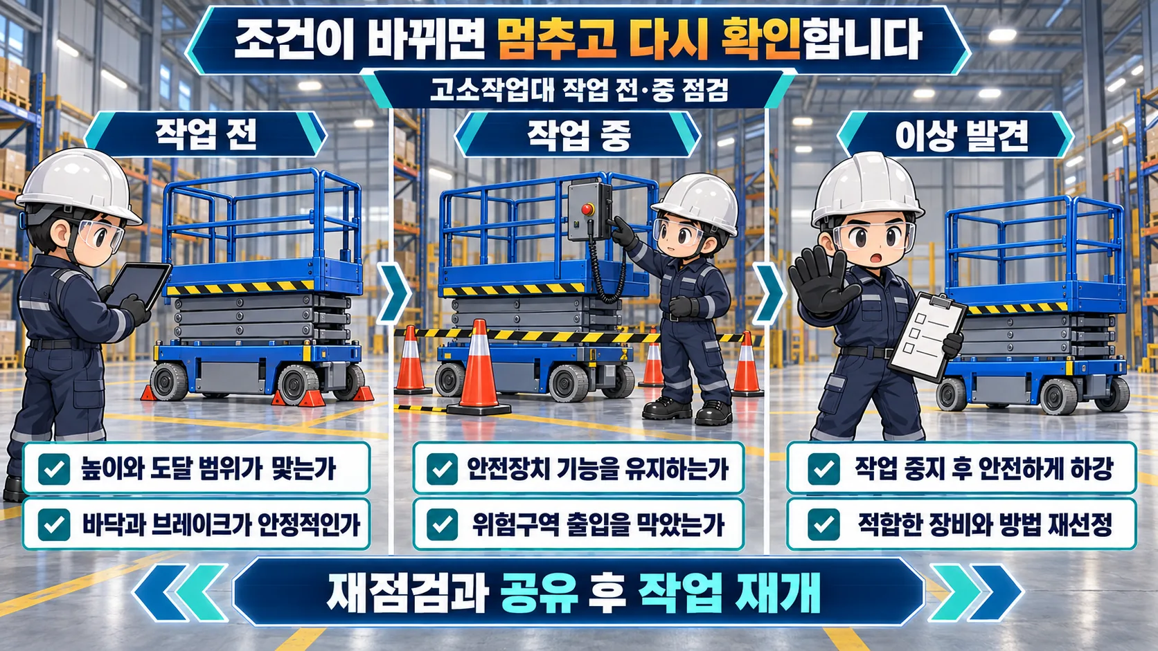 작업점 확인부터 적정 장비 선정과 지지면 점검 및 작업중지 판단까지의 교육용 예방 절차