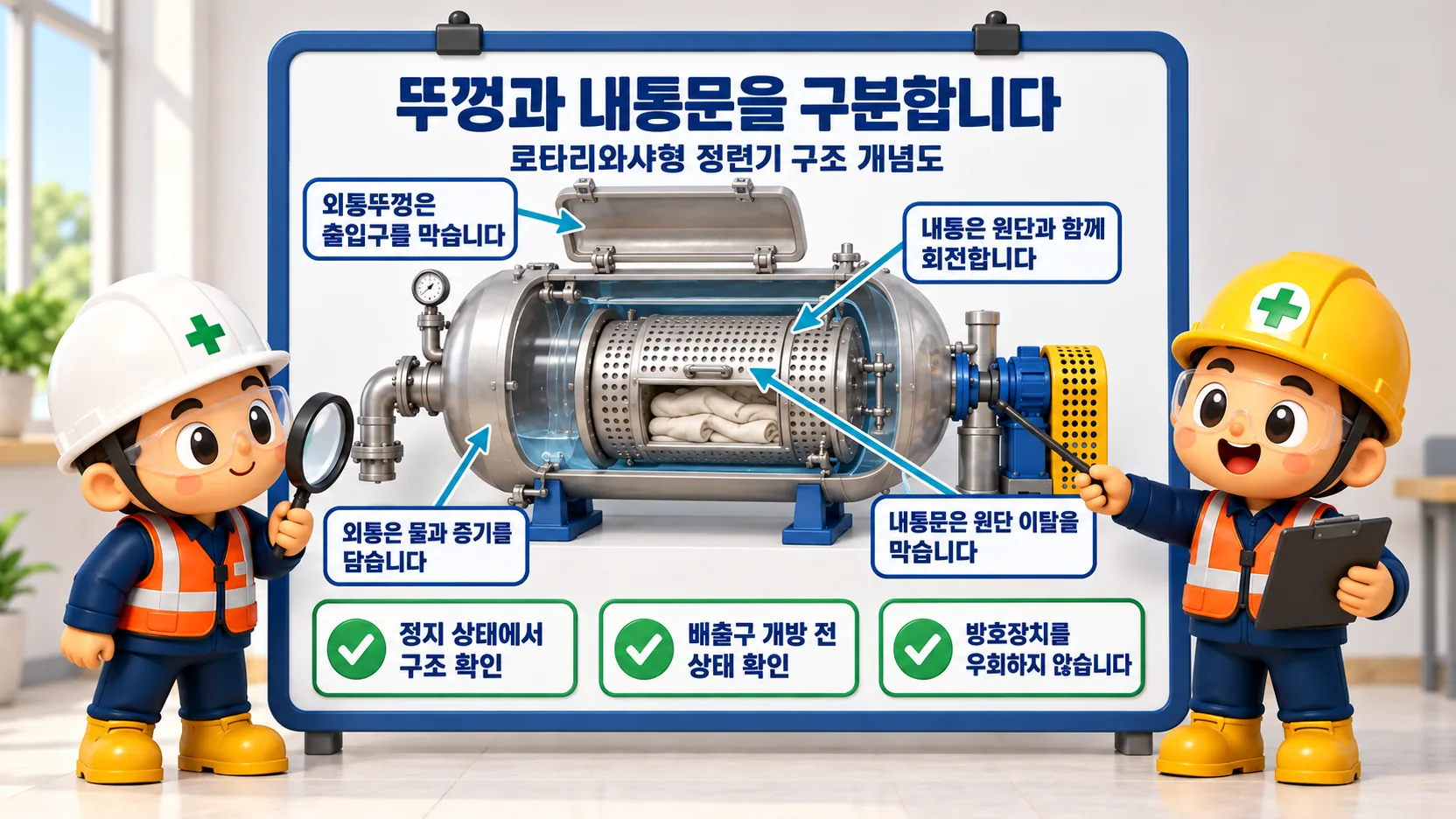 로타리와샤형 정련기 구조 개념도: 외통뚜껑과 내통문이 막는 위험을 구분합니다.