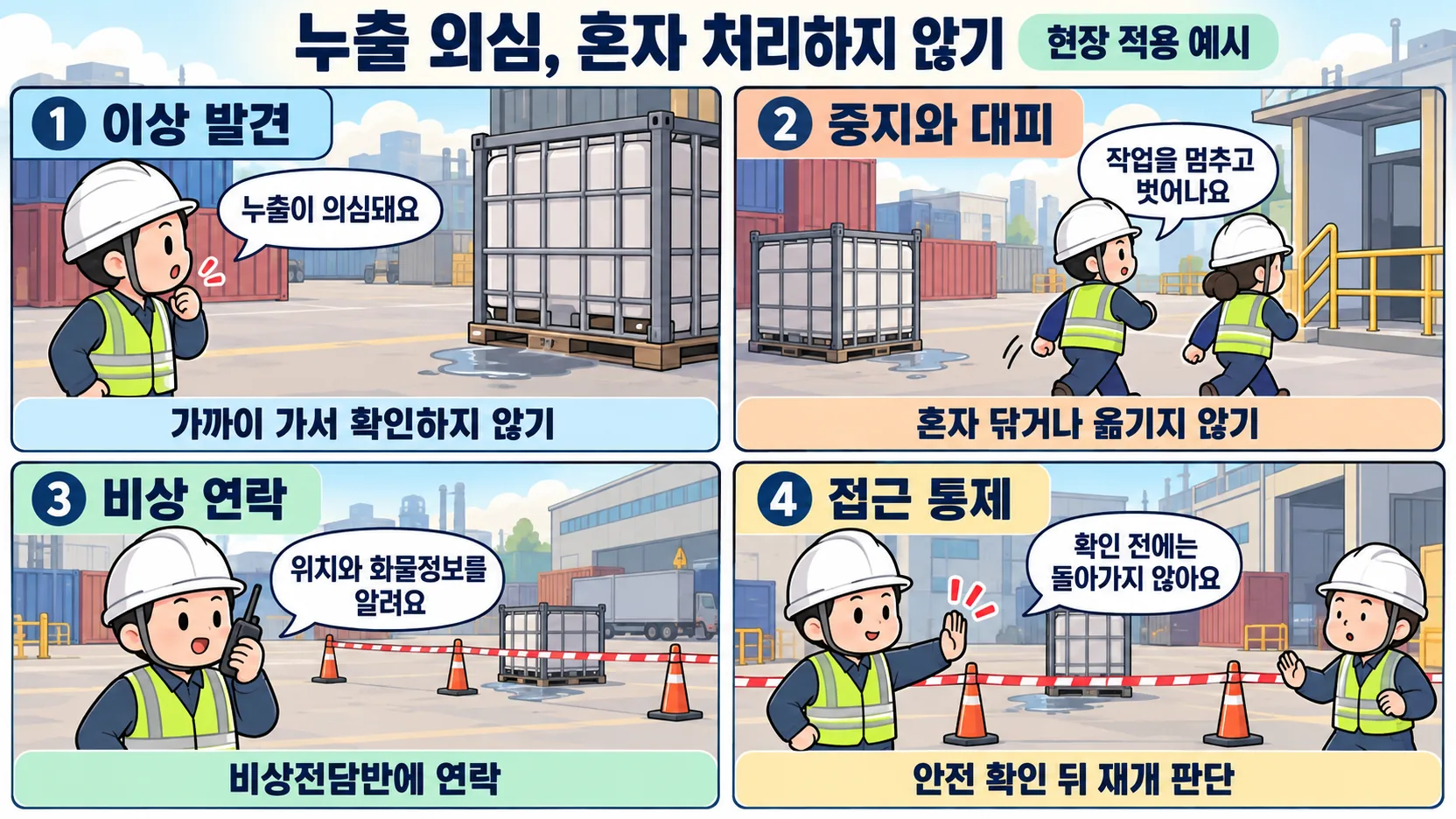 누출 의심 시 혼자 처리하지 않고 작업중지와 대피, 비상연락, 접근통제를 하는 4컷 만화