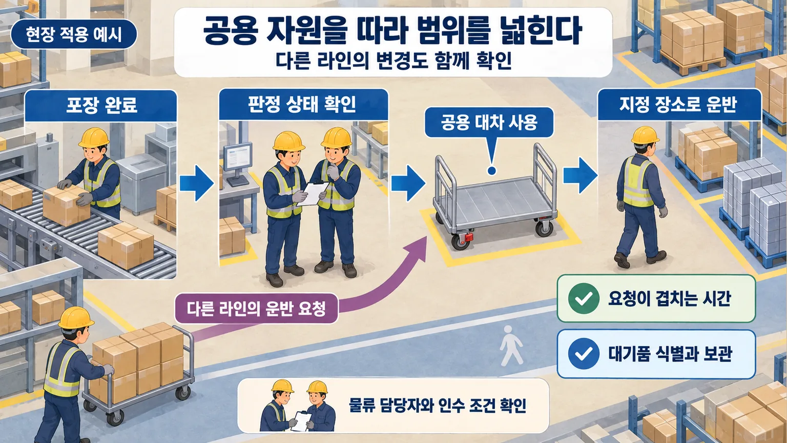 포장 완료품의 판정과 운반이 다른 라인의 공용 대차 요청에 연결되는 예시