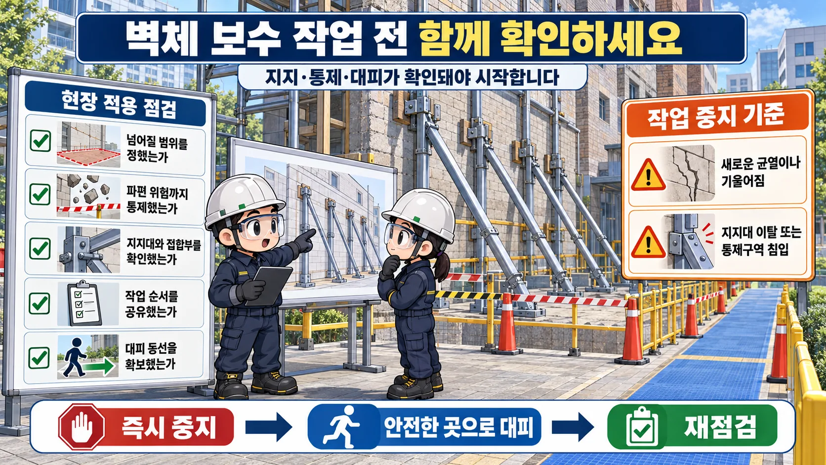 벽체 보수 전 구조 확인과 임시 지지 출입통제 작업중지 점검 교육 그림