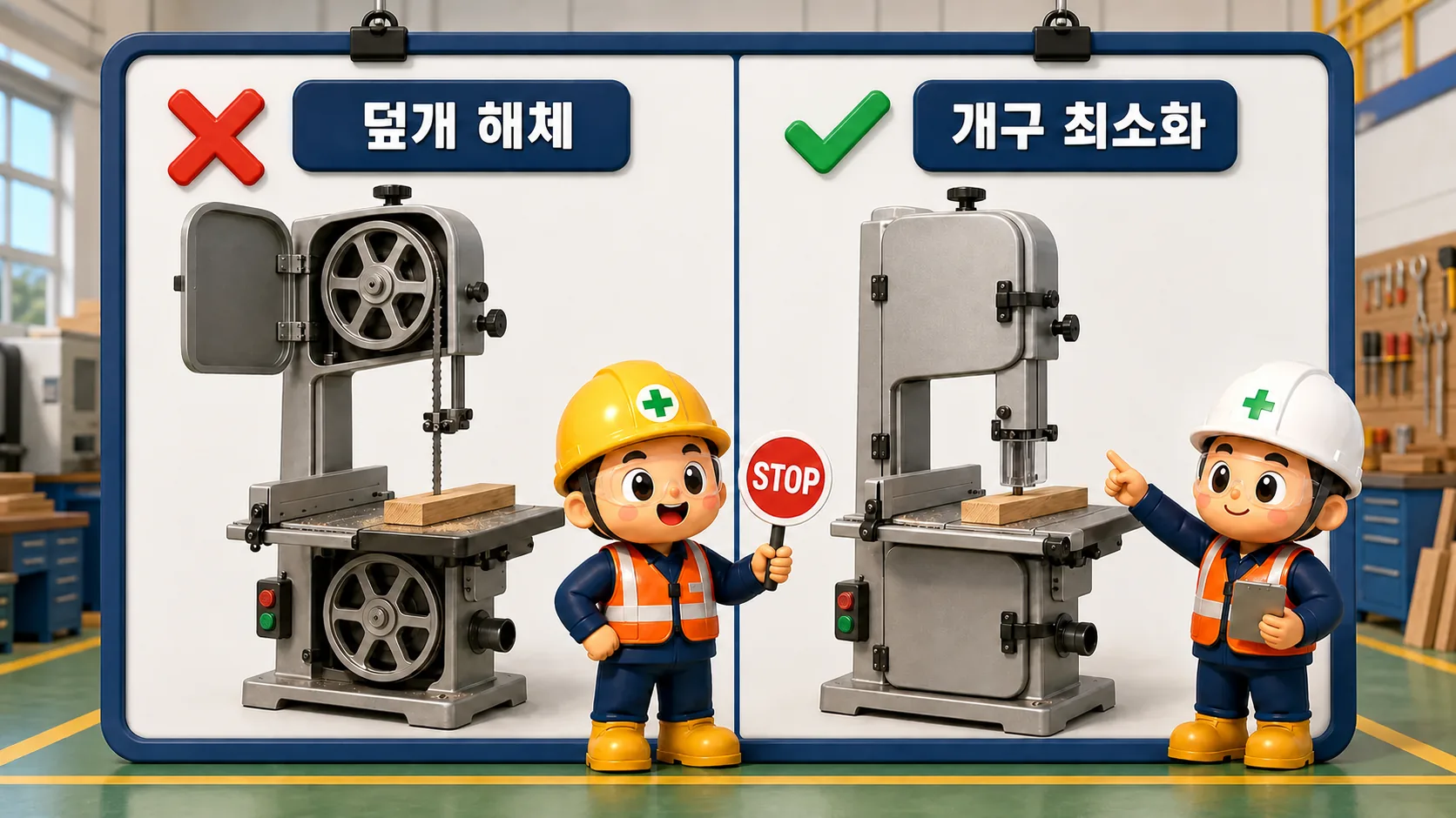 띠톱기계 덮개를 해체해 상·하부 휠을 노출한 위험 상태와 개구를 최소화한 안전 상태를 비교하는 장면